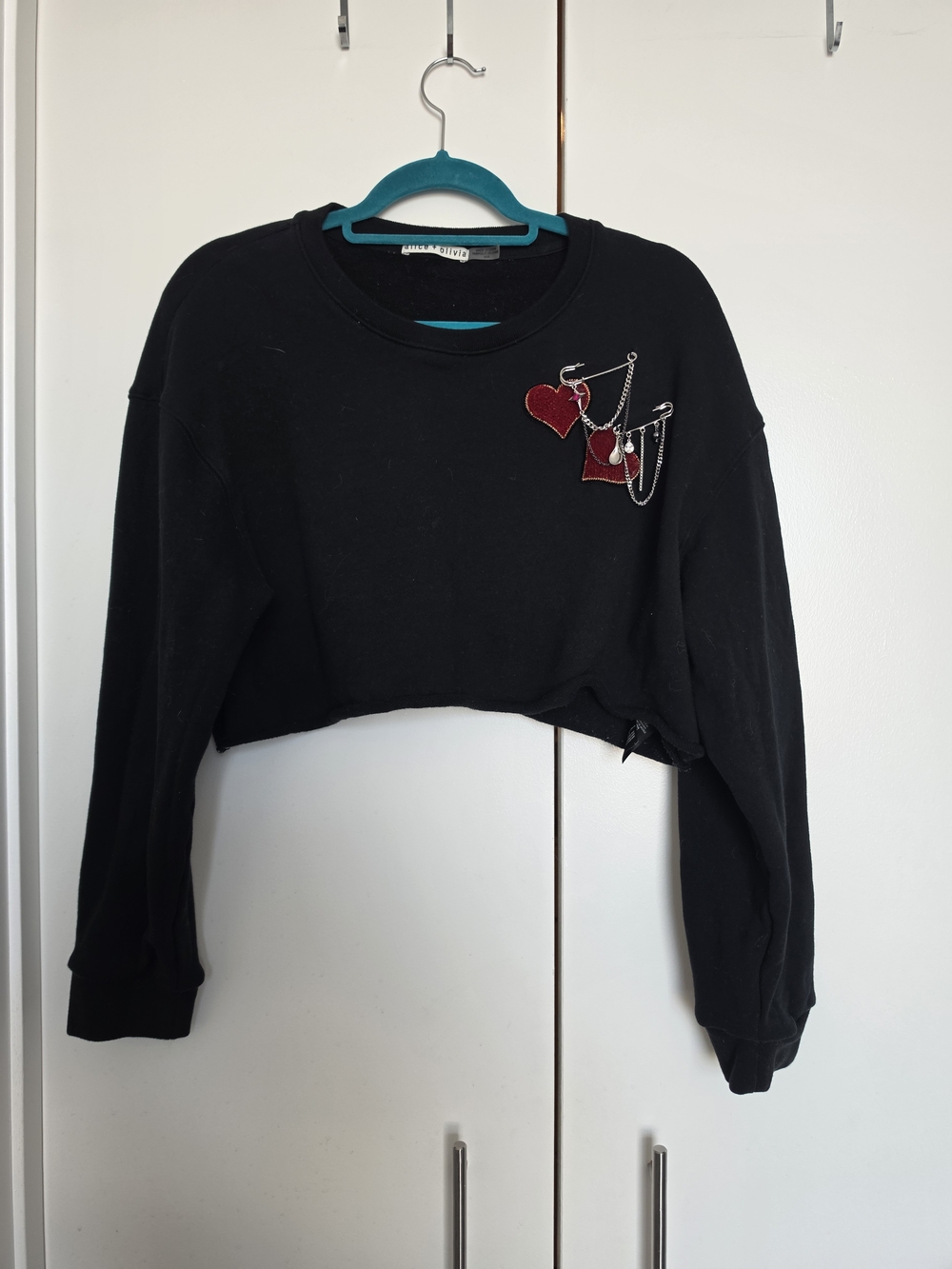 Alice + Olivia Black Cropped Sweatshirt with Red Heart Patch